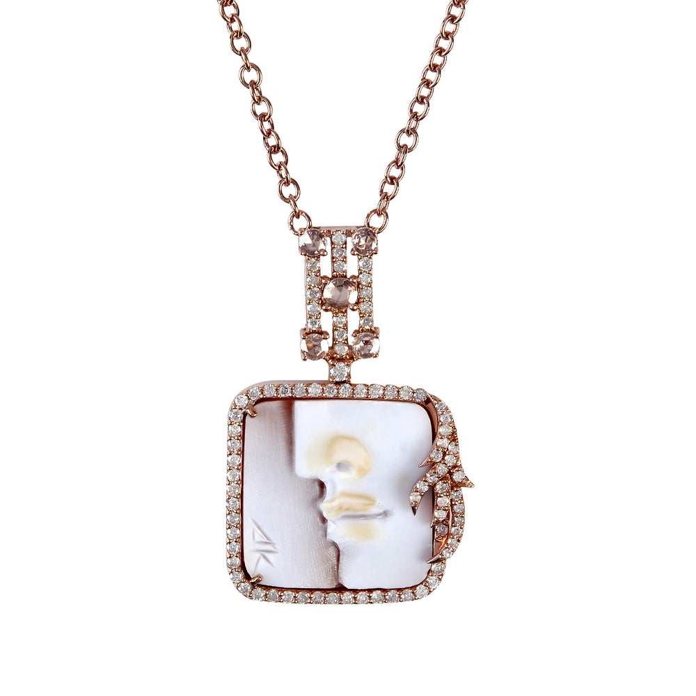 Shell Cameos Diamond Pendant Chain Necklace Handmade 18k Gold Jewelry