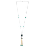 Natural Pearl Emerald Beads Tassel Diamond Opera Necklace In 18k White Gold