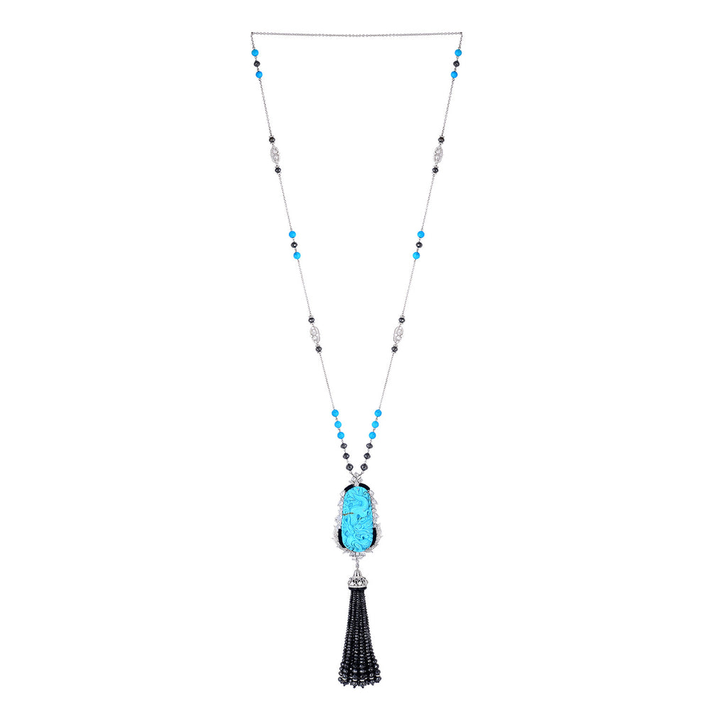 Natural Turquoise Onyx Diamond Beautiful Tassel Opera Necklace In 18k Gold