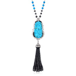Carved Turquoise Onyx Beads Tassel Pendant Chain Necklace In 18k Gold Jewelry
