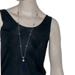 Natural Blue Sapphire Beads Diamond Tassel Solid Gold Opera Necklace