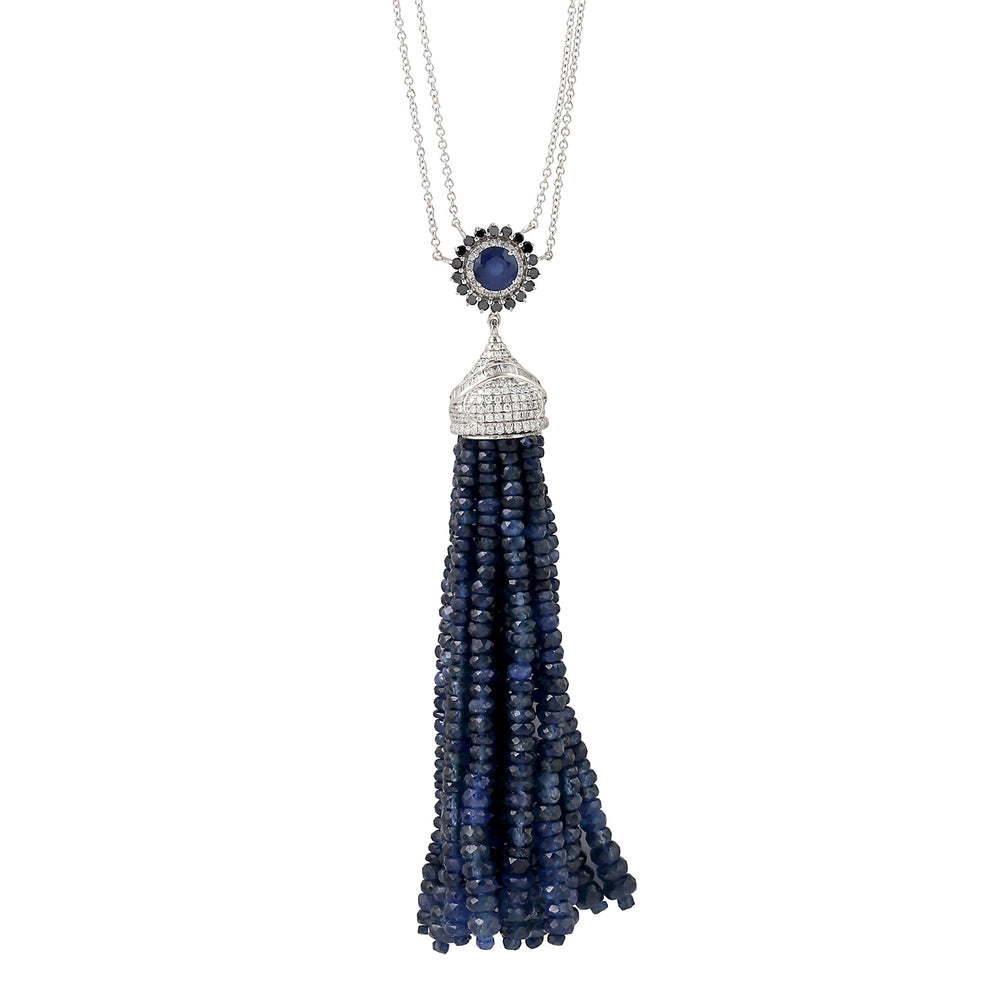 Natural Blue Sapphire Beads Diamond Tassel Solid Gold Opera Necklace