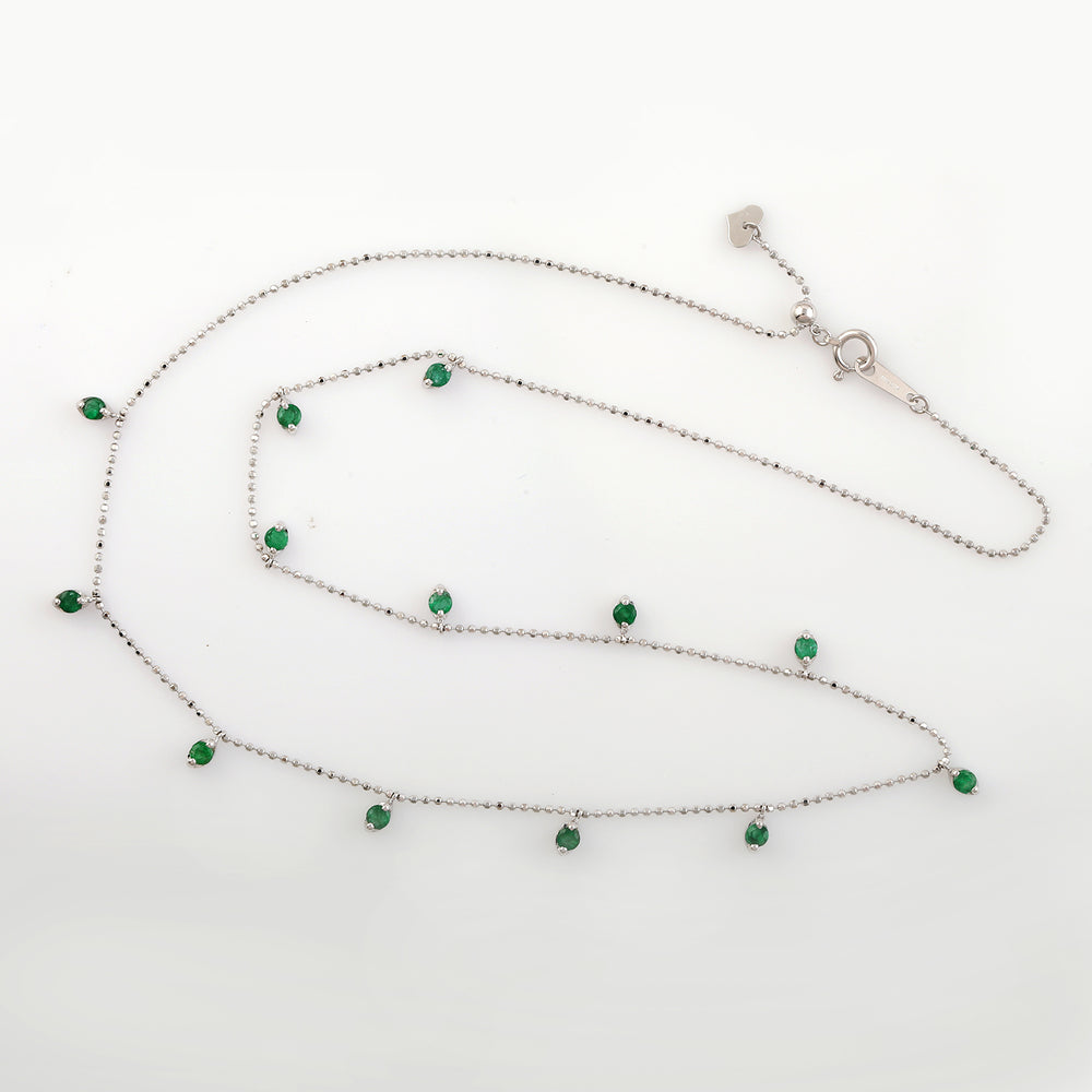 Prong Set Natural Emerald Bead 18k White Gold Dot Ball Chain Necklace Dainty Jewelry