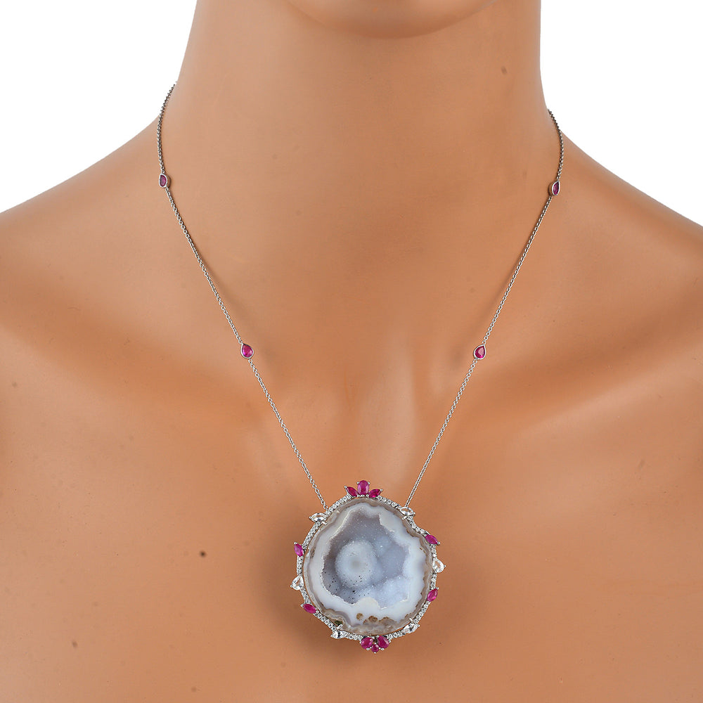 Geode Pave Diamond Sapphire Ruby Designer pendant Chain Necklace 18k Gold