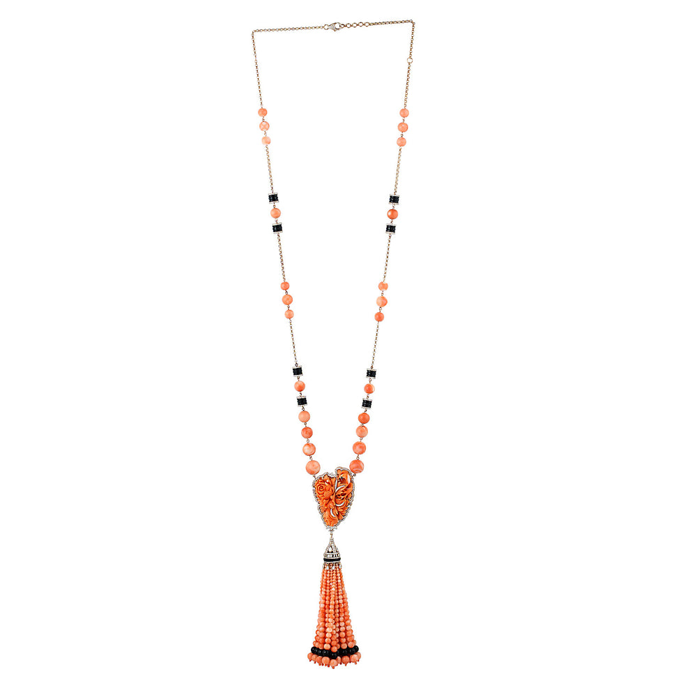 Coral Beads Onyx 18k Gold Diamond Designer Opera Necklace For Her On Sale