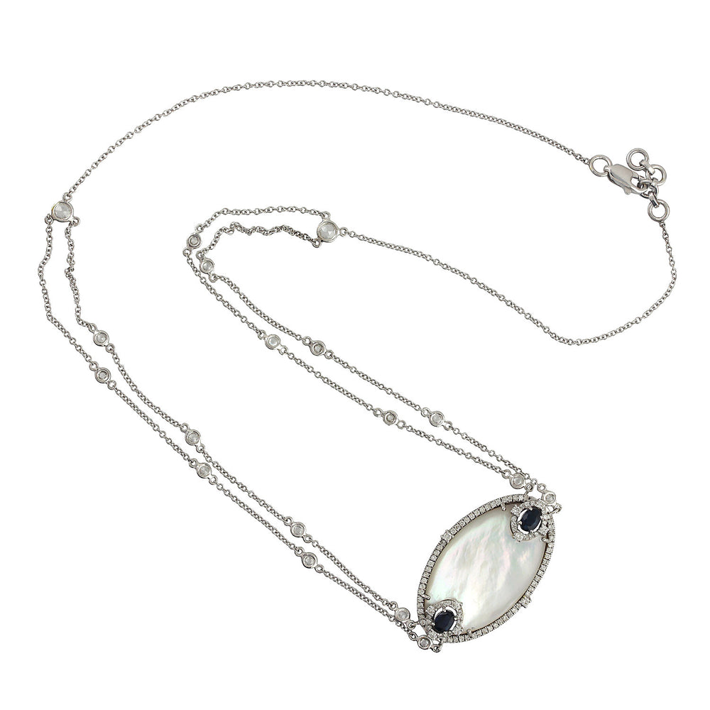 18k White Gold Mop Sapphire Diamond Designer Pendant Necklace For Her On Sale