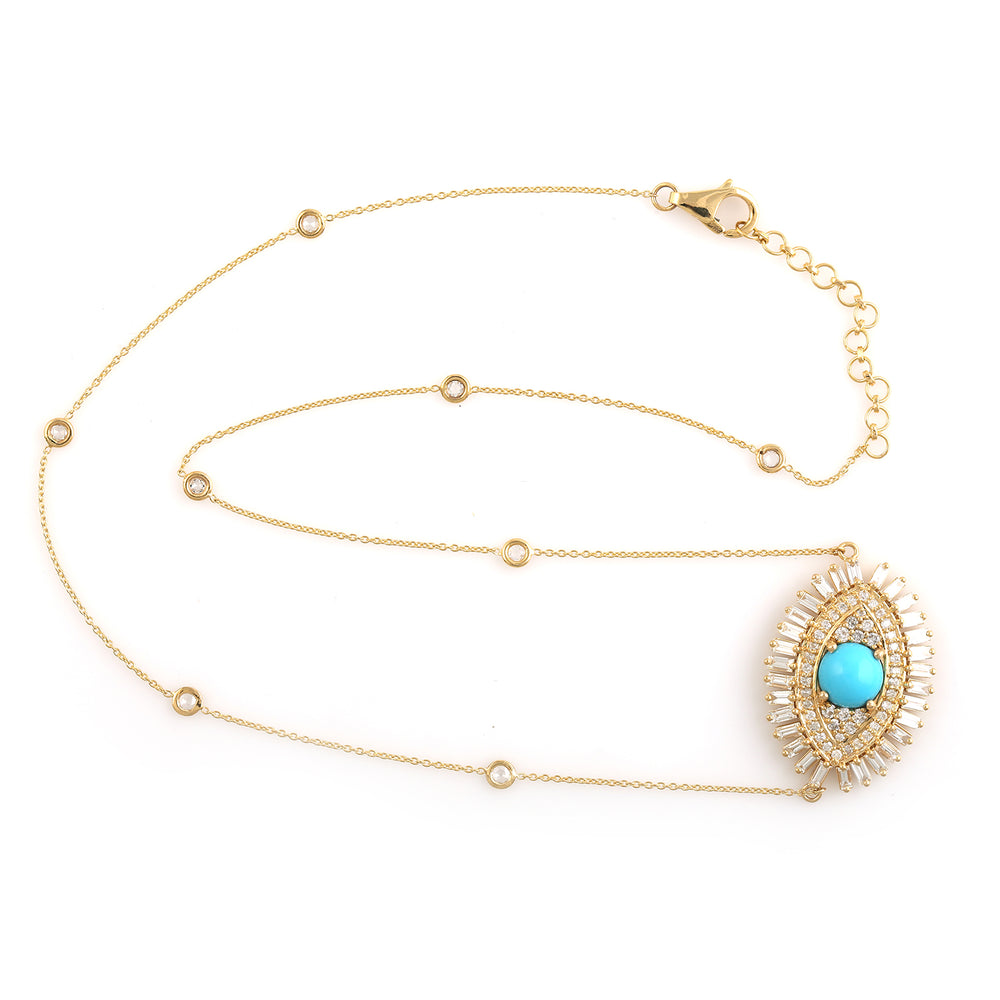 Baguette Diamond & Turquoise Evil Eye Charm Pendant 18k Yellow Gold Chain Necklace Jewelry