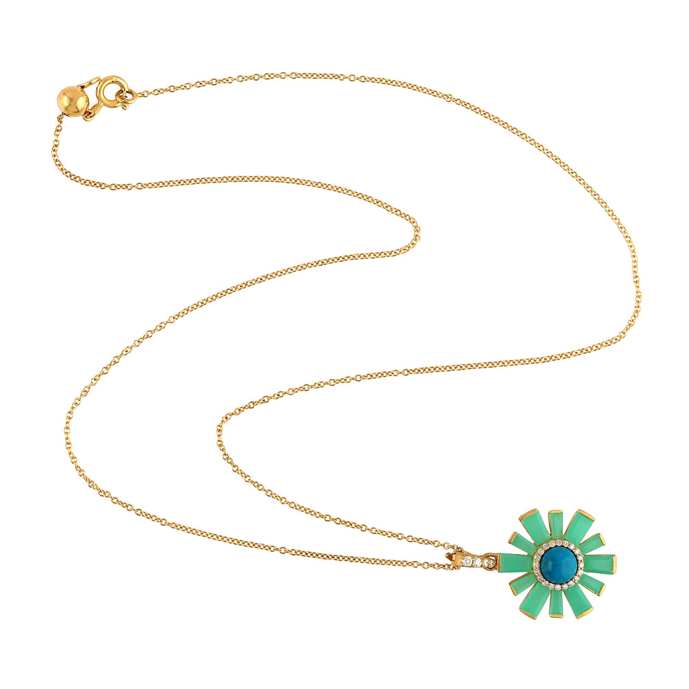 Baguette Chrysoprase Pave Diamond Sunburst Pendant 18k Yellow Gold Chain Necklace