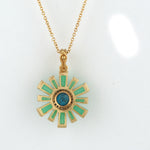 Baguette Chrysoprase Pave Diamond Sunburst Pendant 18k Yellow Gold Chain Necklace