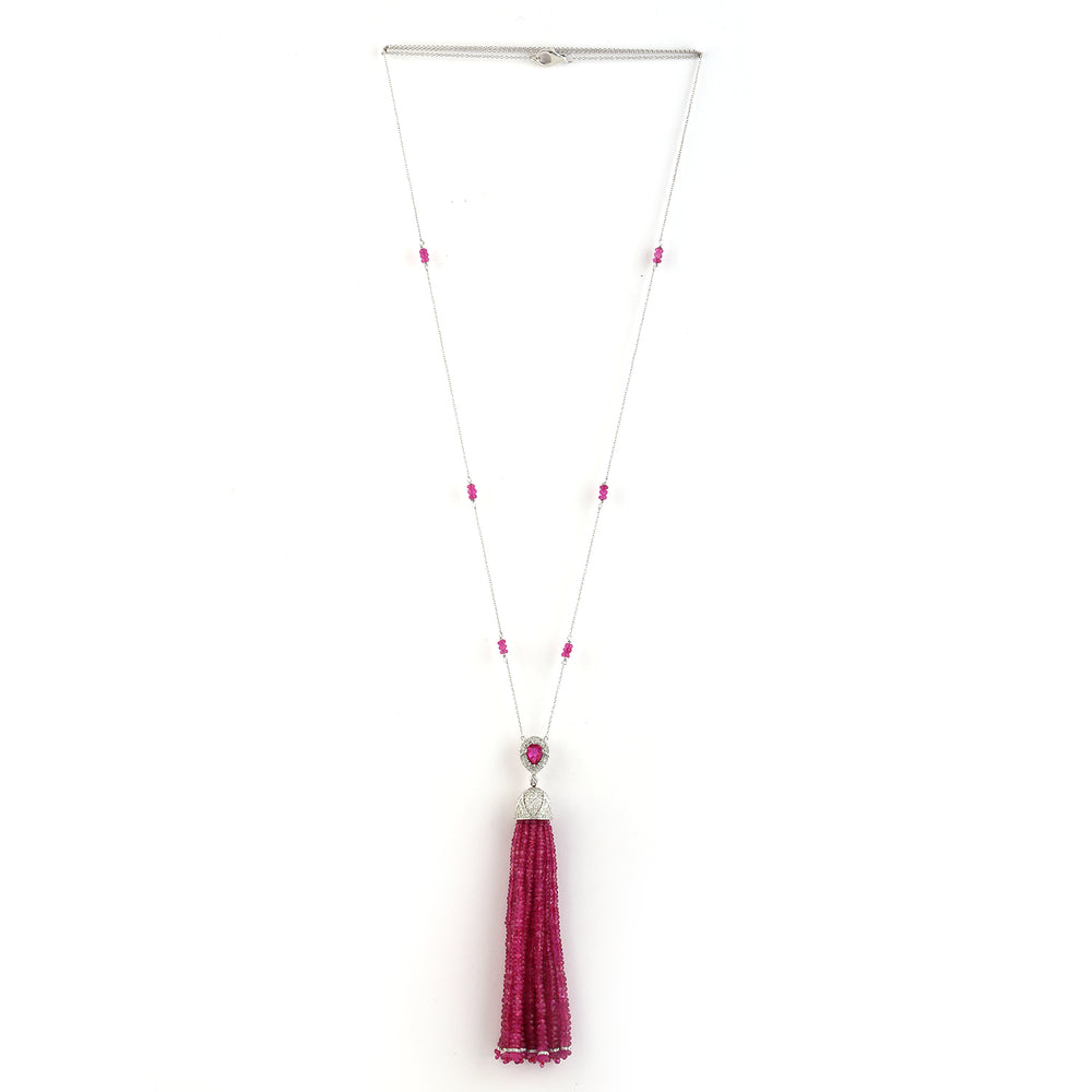 Natural Ruby Beads Pave Diamond Tassel 18k White Gold Necklace Wedding Gift On Sale