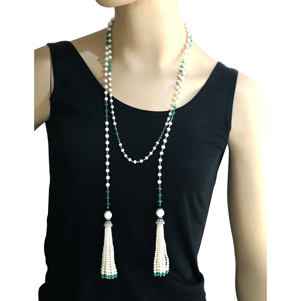 Natural Emerald Beads Tassel Rope Necklace 18K White Gold Diamond Jewelry On Sale For Her