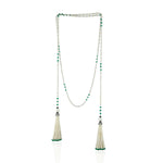 Natural Emerald Beads Tassel Rope Necklace 18K White Gold Diamond Jewelry On Sale For Her