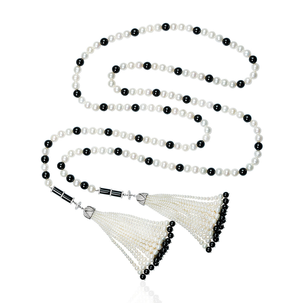 Natural Onyx Pearl Beads Tassel Rope Necklace 18K White Gold Diamond Jewelry