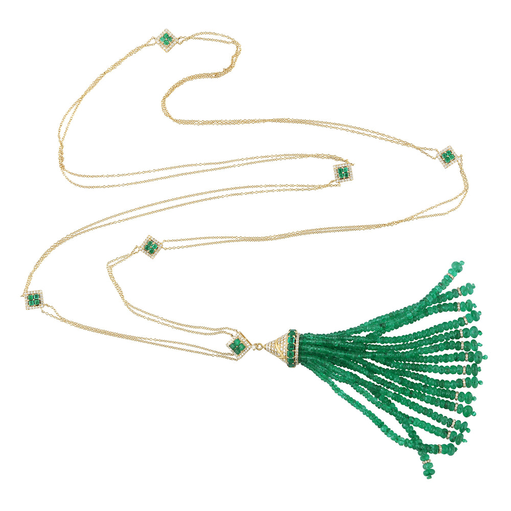 Natural Emerald Diamond Beads Opera Necklace 18K Yellow Gold Jewelry