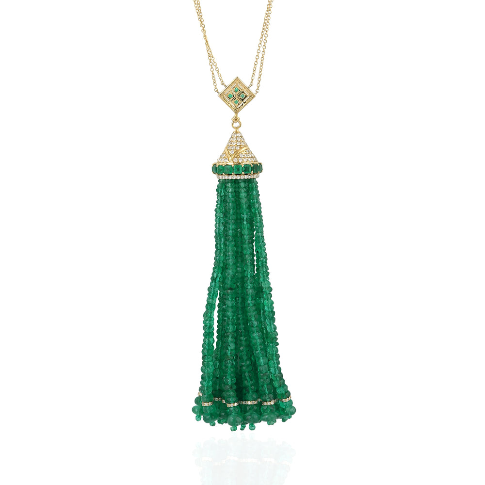 Natural Emerald Diamond Beads Opera Necklace 18K Yellow Gold Jewelry