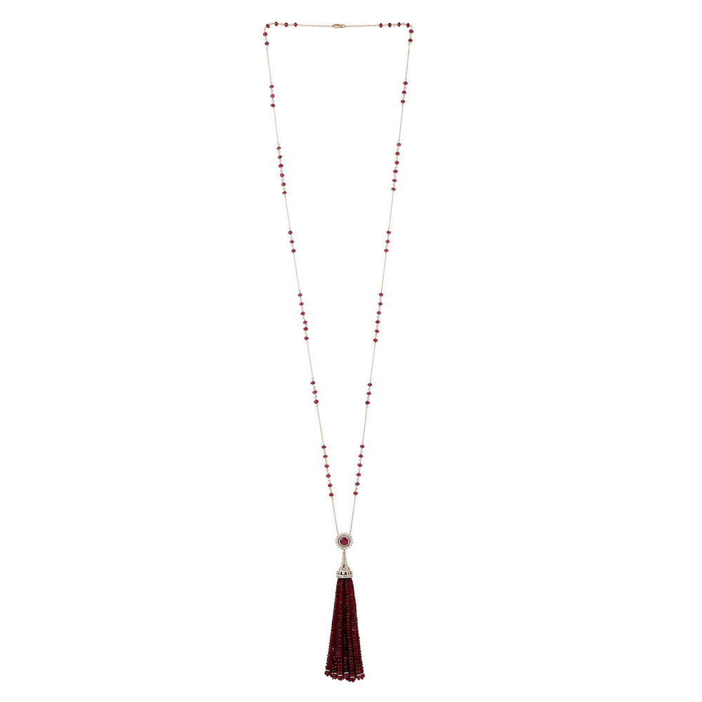18k White Gold Natural Ruby Beads Diamond Chain Tassel Lariat Necklace For Her On Sale