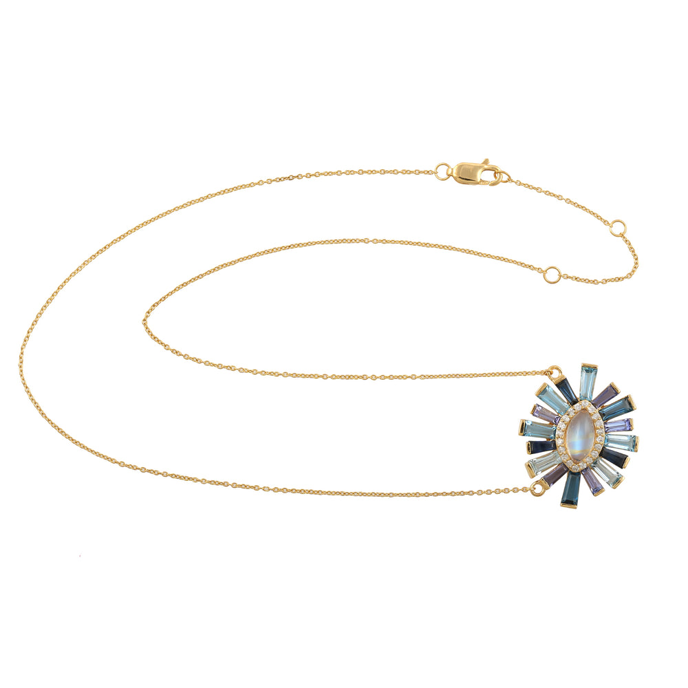 Tapered Baguette Tanzanite,Lolite,Topaz,Moonstone & Diamond Beautiful Pendant Chain Necklace In 18k Yellow Gold