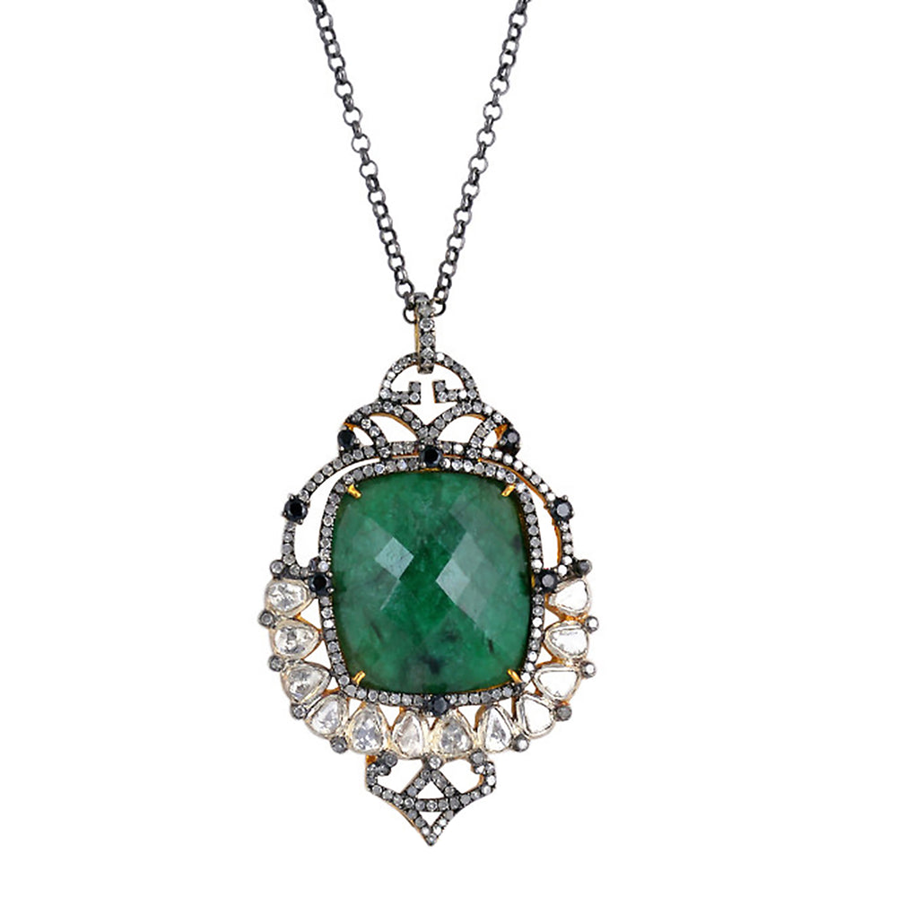 Natural Emerald & Diamond Opera Necklace In 18K Yellow Gold 925 Silver Jewelry