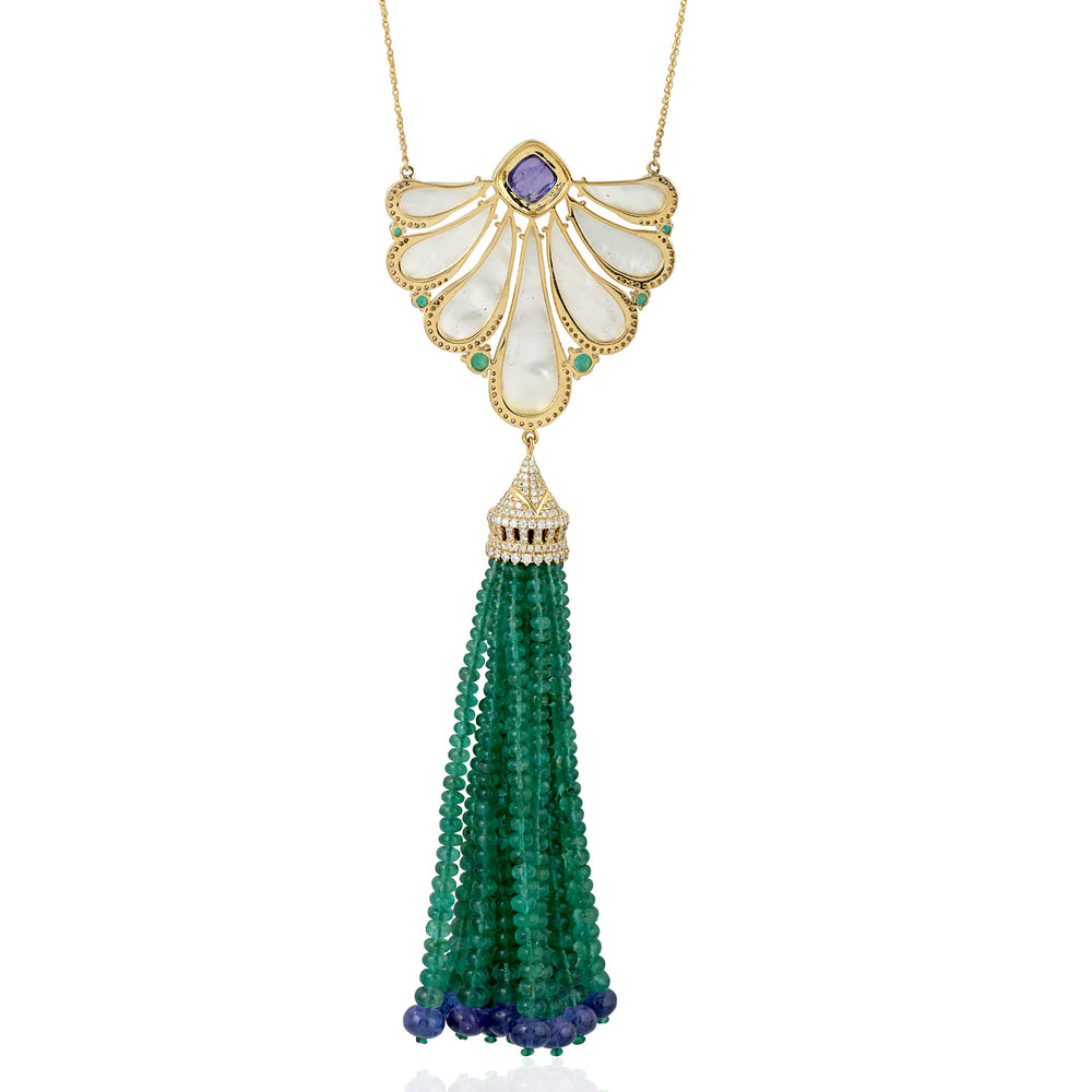 Handmade MOP Tanzanite Emerald Beads 18k Yellow Gold Rope Lariat Necklace On Sale