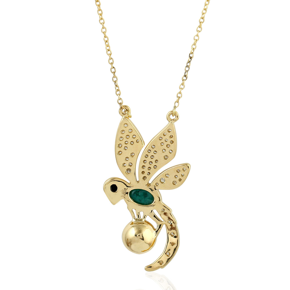 18k Yellow Gold Emerald Natural Pearl Dragonfly Fauna Pendant Necklaces Gift