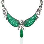 Carved Natural Chrysoprase, Emerald & Onyx Gemstone Collar Necklace 18K Gold 925 Sterling Silver Jewelry