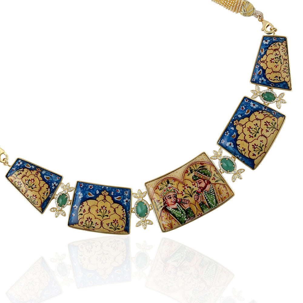 Natural MOP Emerald Diamond Picture Enamel Choker Necklace In Gold On Sale For Her