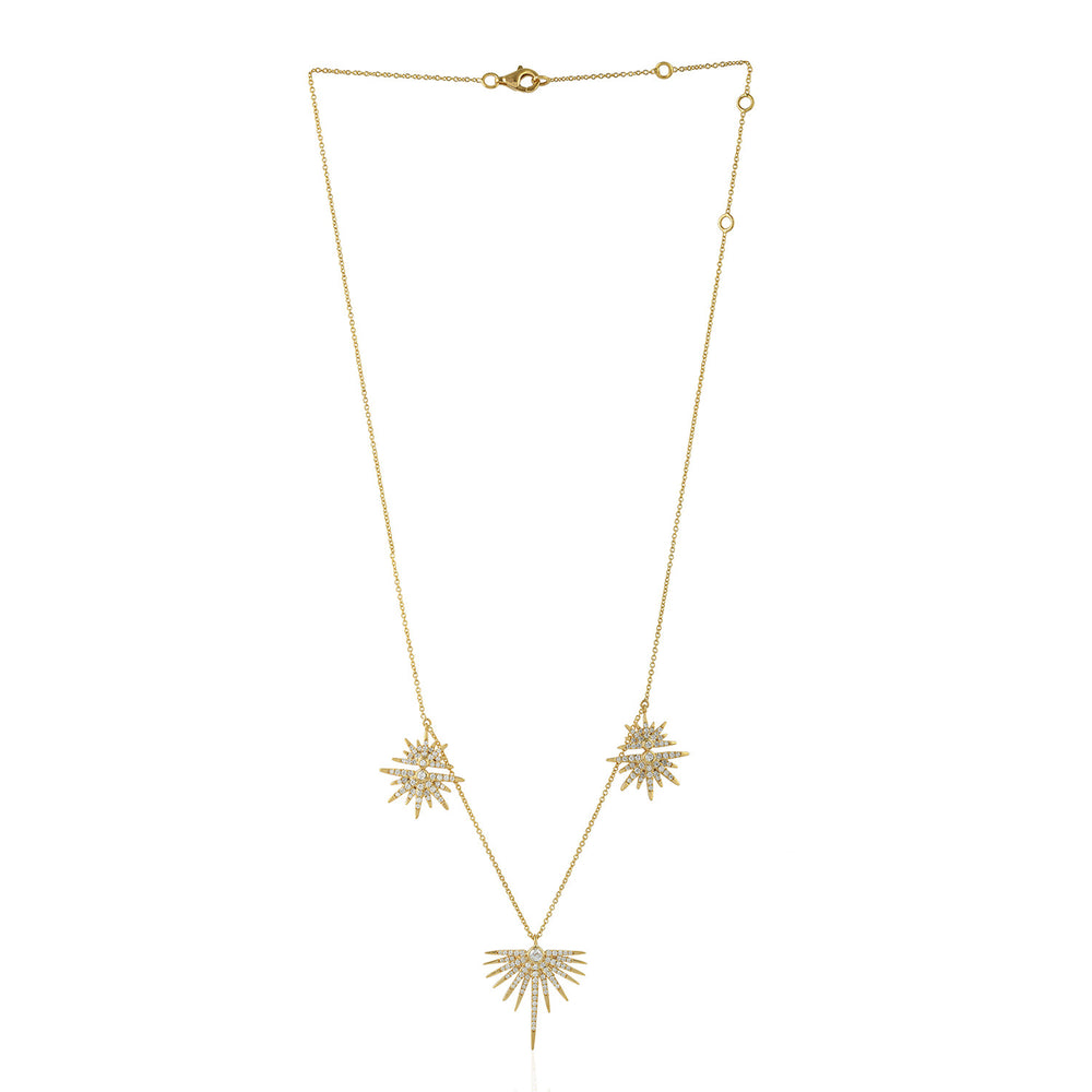 Pave Diamond Starburst Design 18k Yellow Gold Princess Necklace Handmade Jewelry