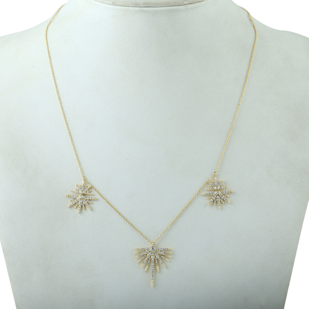 Pave Diamond Starburst Design 18k Yellow Gold Princess Necklace Handmade Jewelry