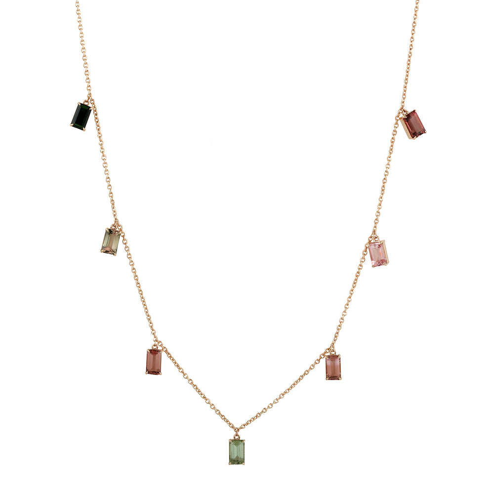 Handmade 18K Rose Gold Baguette Multicolor Tourmaline Princess Necklace Jewelry