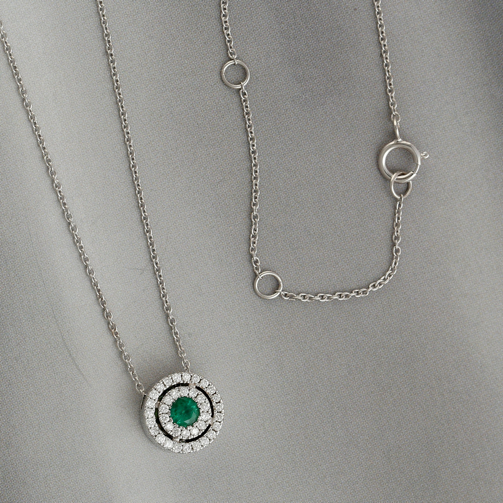 Natural Emerald Diamond Accent Round Charm Pendant Chain Necklace Jewelry In 18k White Gold
