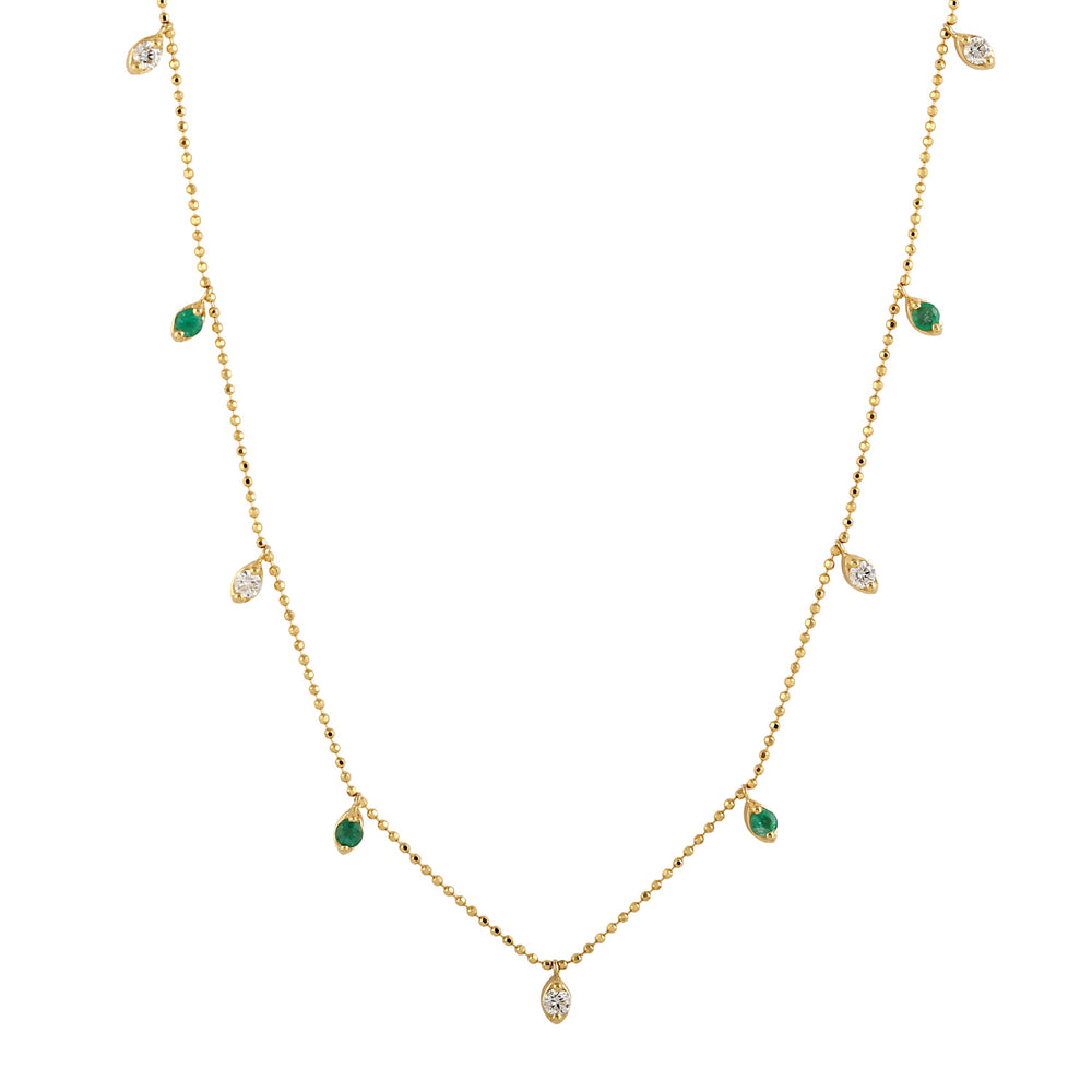 Natural Emerald Diamond Gemstone Chain Necklace Jewelry In 18k Yellow Gold For Her