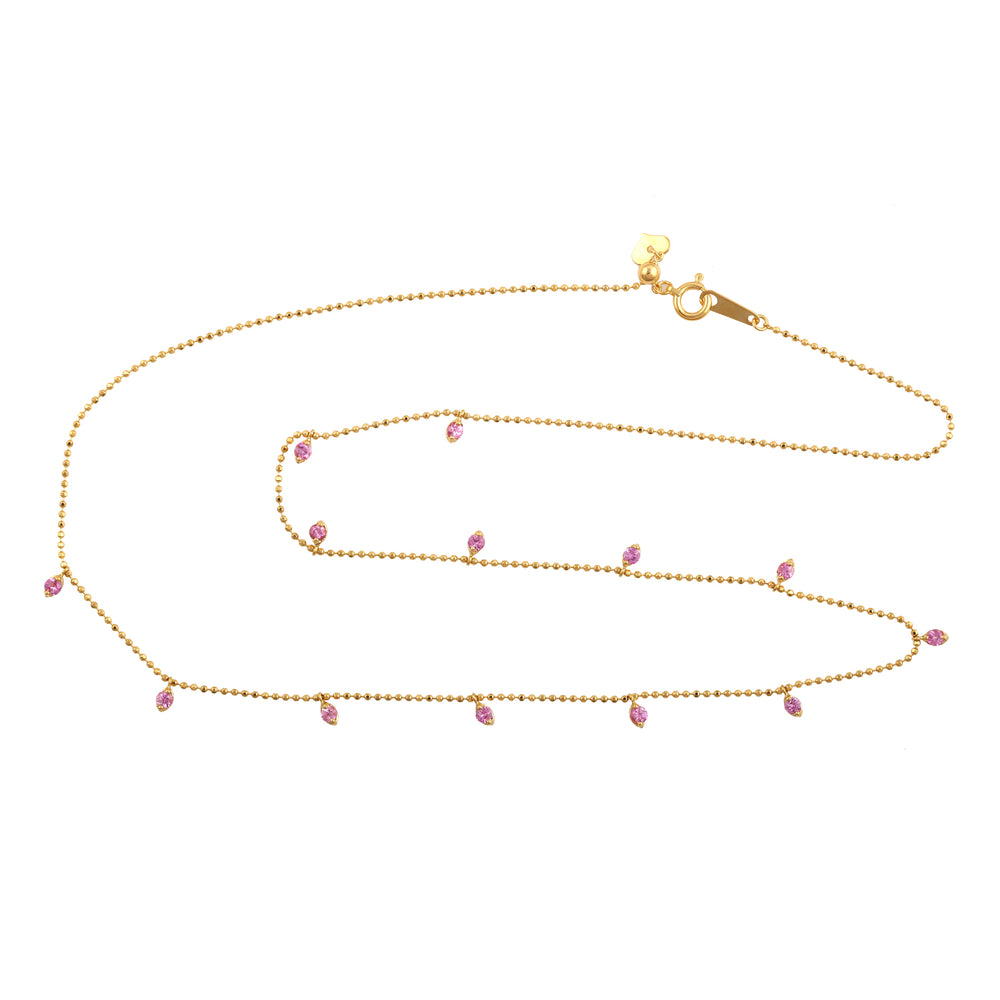 Natural Pink Sapphire Gemstone 18k Yellow Gold Dot Bead Chain Necklace Jewelry