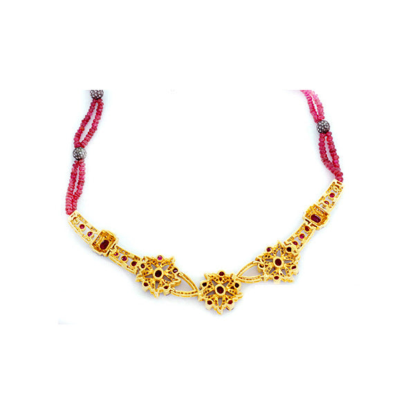 Natural Ruby Beads Pave Diamond Floral Design Choker Necklace In Gold Silver