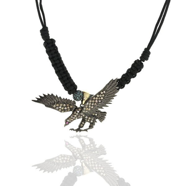 Pave Diamond 14K Gold 925 Sterling Silver Bird Design Macrame Necklace Jewelry