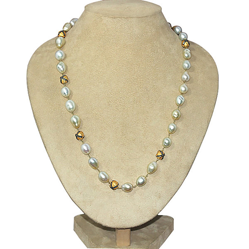Natural Pearl Diamond 925 Sterling Silver Gold Beaded Necklace