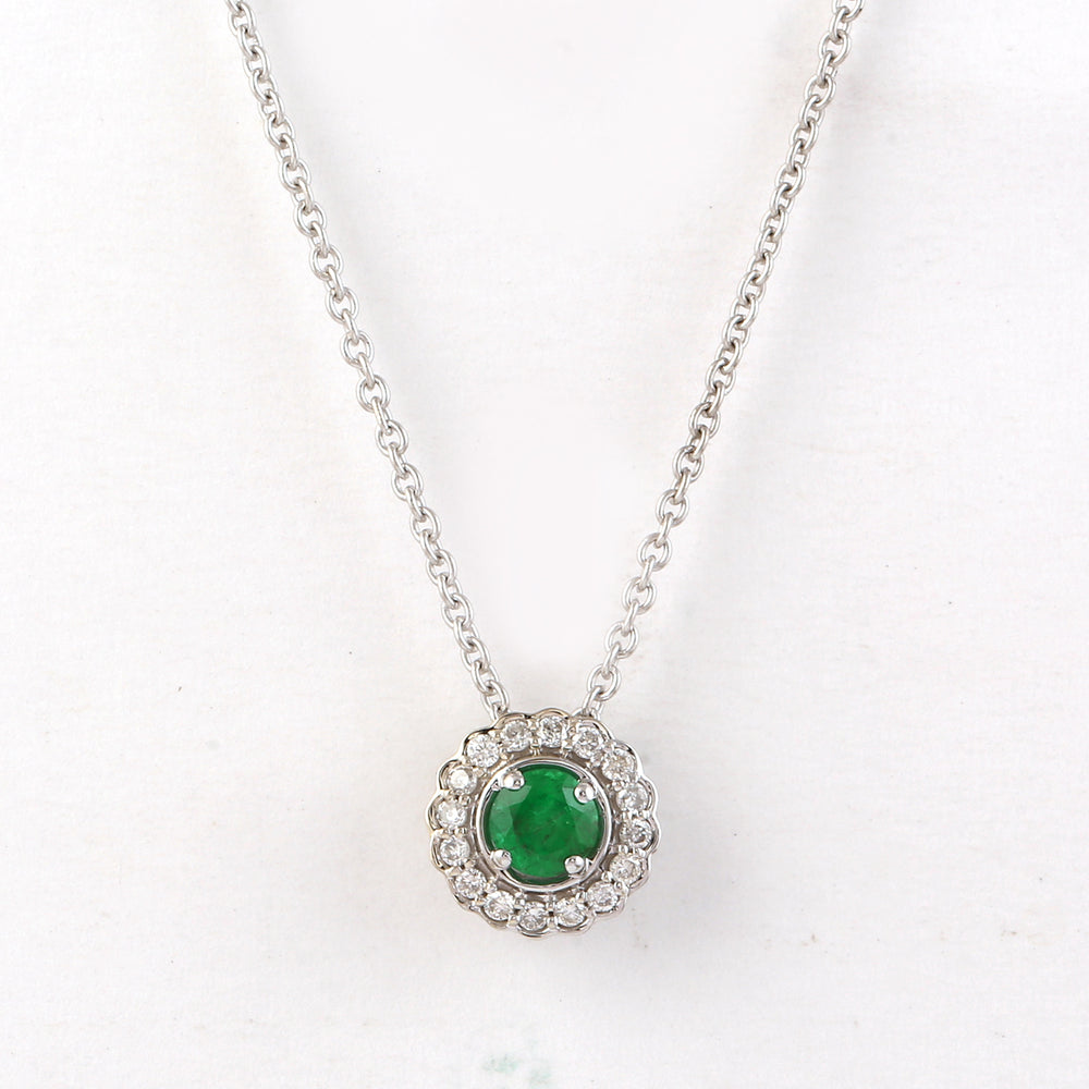 Natural Emerald Pave Diamond Halo Pendant Chain Necklace 14k White Gold Fine Jewelry