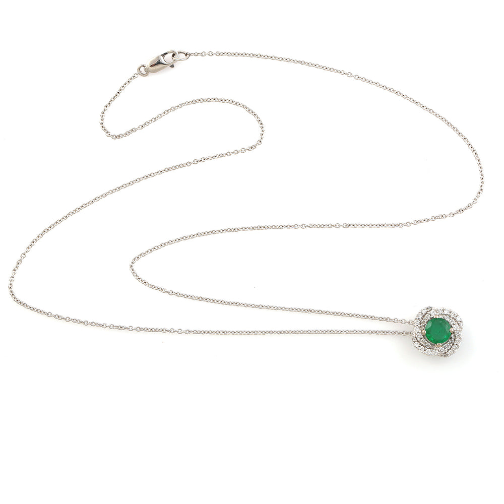 Solid 14k White Gold Chain Necklace With Natural Emerald & Diamond Swirl Pendant