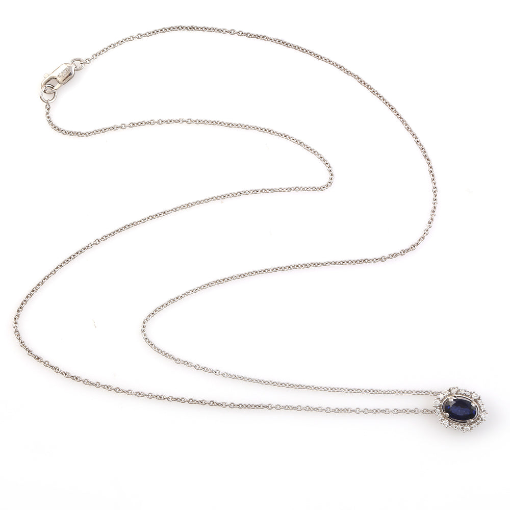Blue Sapphire & Diamond Halo Oval Shape Pendant Chain Necklace In 14k White Gold