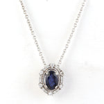 Blue Sapphire & Diamond Halo Oval Shape Pendant Chain Necklace In 14k White Gold
