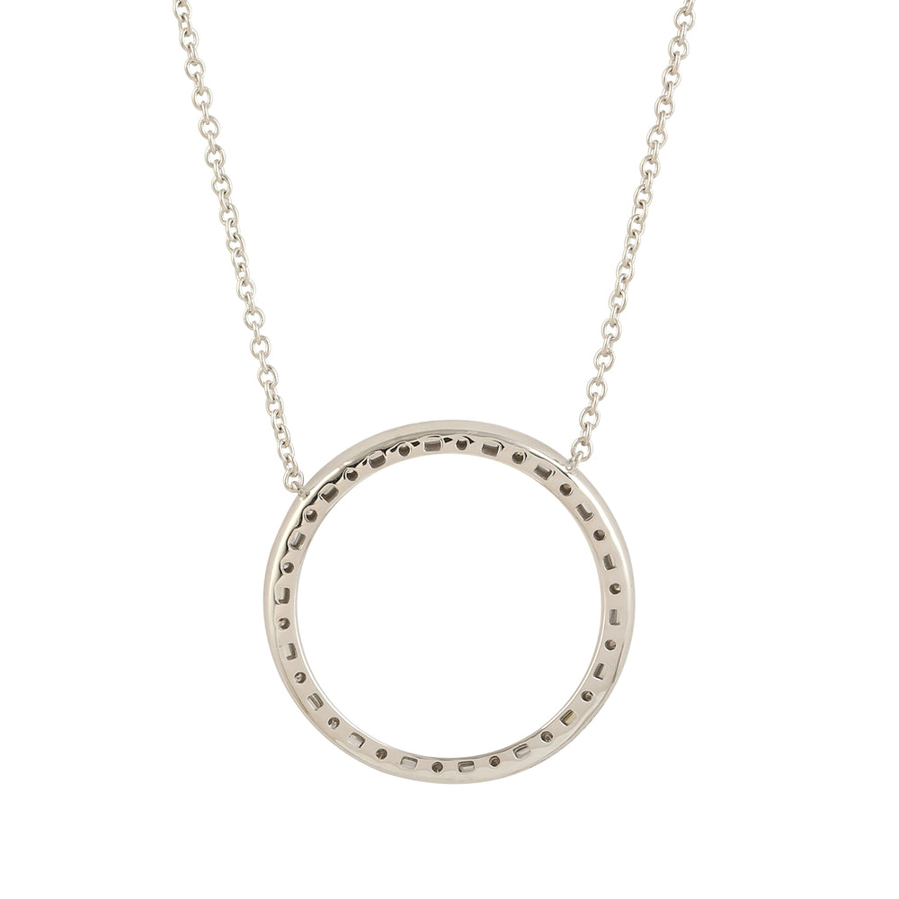 Handmade Natural Studded Diamond Round Hollow Pendant In 18k White Gold Chain Necklace