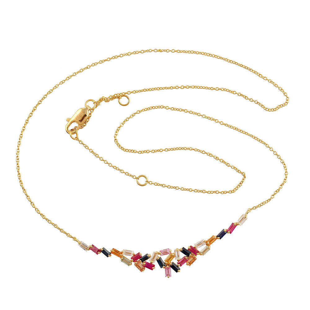 Multicolor Baguette Sapphire Dainty Chain Necklace Jewelry In 18k Yellow Gold