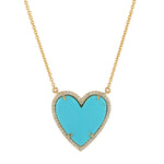 Natural Turquoise & Pave Diamond Heart Shaped Chain Pendant In 14k Yellow Gold