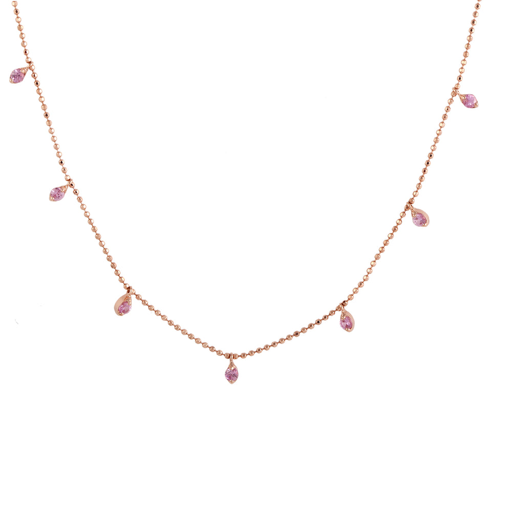 Natural Pink Sapphire Dot Ball 18k Rose Gold Station Chain Necklace
