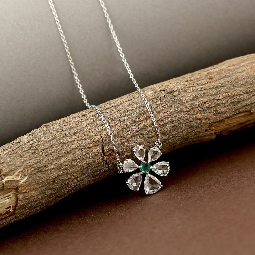 Pear Cut Diamond Emerald Daisy Pendant In 18k White Gold Necklace Gift