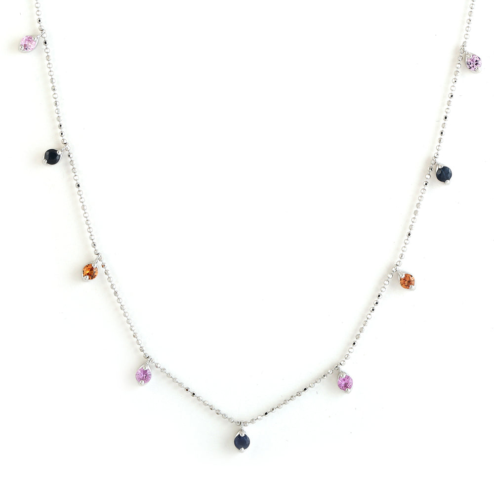 Multicolor Sapphire Station Chain Necklace Dainty Jewelry In 18k White Gold