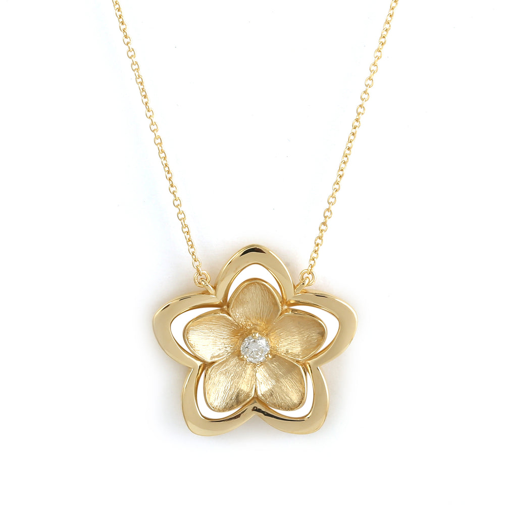 Handcarved Daisy Pendant 14k Yellow Gold Diamond Chain Necklace Gift