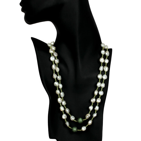Natural Peral Beads Peridot Diamond Lariat Sterling Silver Necklace