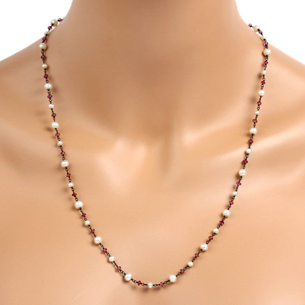 Pearl & Tourmaline Beaded Chain Necklace 925 Sterling Silver Jewelry