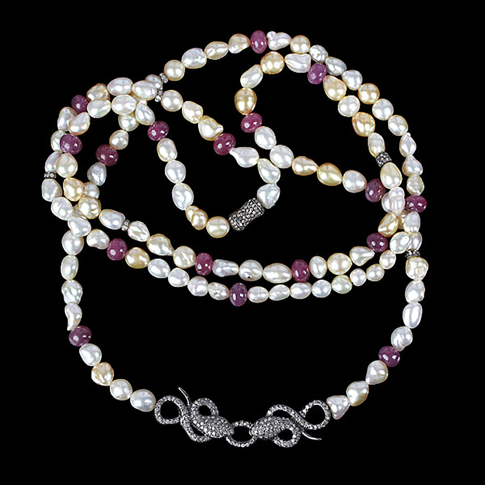 Natural Pearl, Sapphire Pave Diamond Snake Design Lock Sterling Silver Long Beaded Necklace Gift