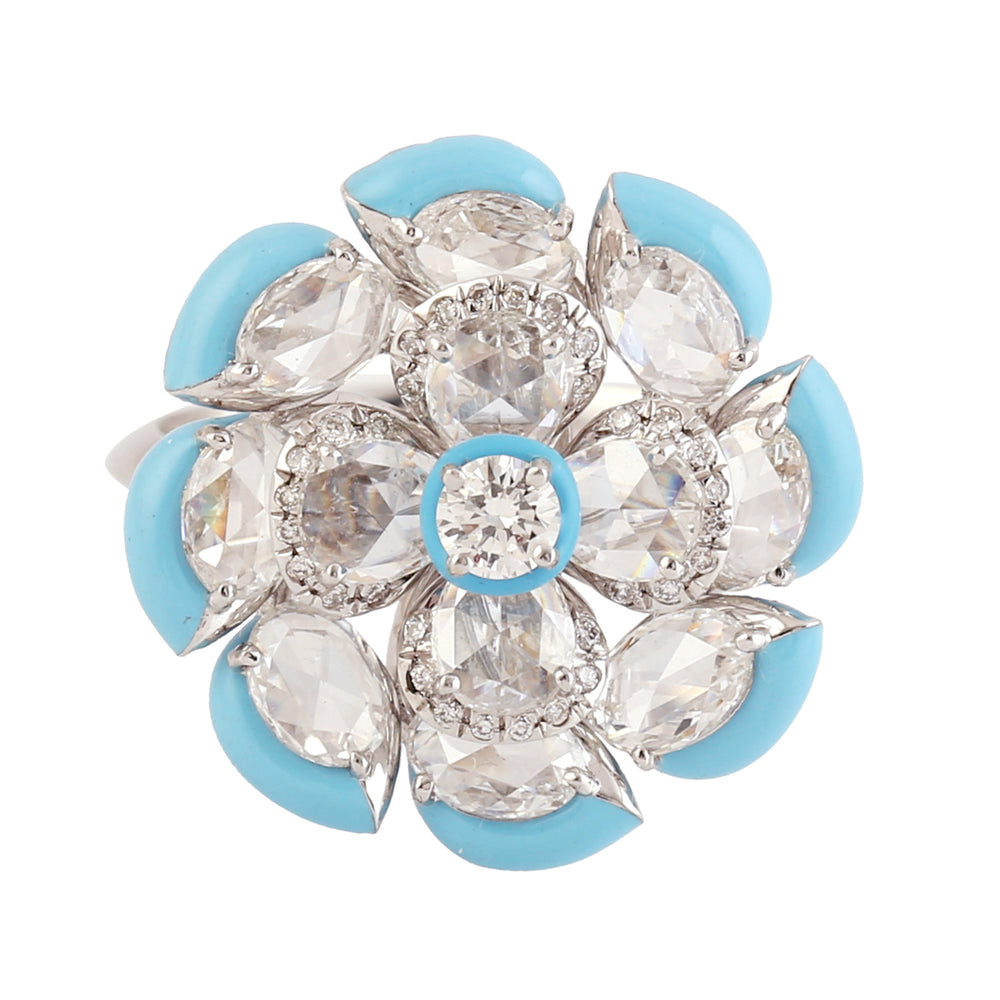 Natural Diamond Designer Enamel Daisy Cocktail Ring In 18k White Gold Gift